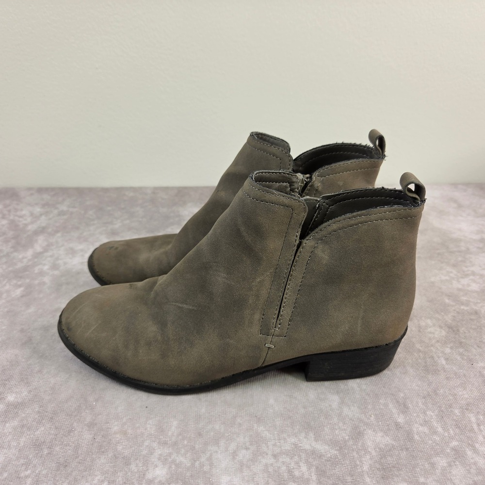 Taupe Grey Faux Suede Ankle Boots Side Zip Low Block Heel Booties Size 8